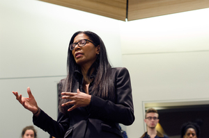 Judy Smith, who inspired the character Olivia Pope on ABC’s television show Scandal, discusses social media, selecting clients and her personal experiences on Monday in the Hergenhan Auditorium.