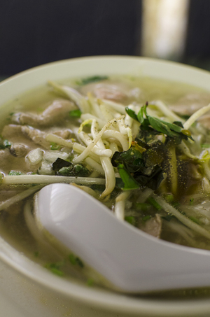 The pho soup at Mai Lan Restaurant was overly sweet, but featured a refreshing garnish of raw bean sprouts and Thai basil.