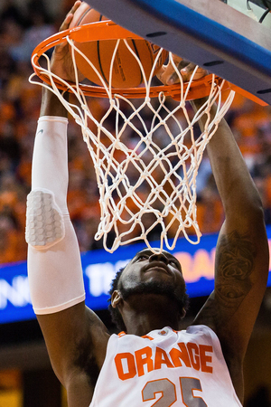 Rakeem Christmas gets set to release one of his 13 free throws against Louisville. He made 11 of them, which contributed to his 29 points in SU's 10-point upset win over the No. 12 Cardinals.