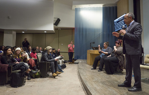 Department of Public Safety Chief Bobby Maldonado addresses students at a Feb. 18 forum about the assault of three students on Ackerman Avenue. 