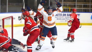 Redshirt senior Brooke Avery, pictured in Syracuse's win over Robert Morris, celebrating a goal. 