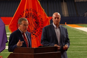 SU Director of Athletics John Wildhack (left) and the university’s CFO Pete Sala (right) spoke with the media Wednesday morning to discuss the JMA Wireless Dome renovation project.