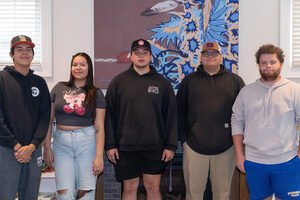 ISAS members Mac Powless, Nia Destiny Nephew, Andre Clause, Michael “Wishe” Benedict, Ryan Bouchey (left to right) discussed the importance of sharing their cultures and history with the student body during Indigenous Peoples' Day. 
