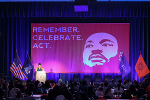 Keynote speaker Sarah Willie-LeBreton, president of Smith College, grew up in Syracuse and spoke about the job of higher education in regards to Rev. Dr. Martin Luther King Jr.'s work. Her father was friends with King and convinced him to speak at SU. 