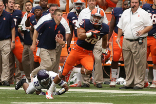 Syracuse wide receiver, Jarrod West breaks away from Northwestern cornerback Demetrius Danger.