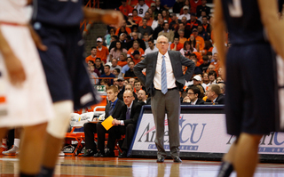 Syracuse head coach Jim Boeheim looks on during Syracuse's 108-56 win over Monmouth. It was Boeheim's 898th career win.