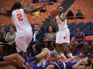 Taylor Ford looks for an opening as two Niagara players fall to the ground. 